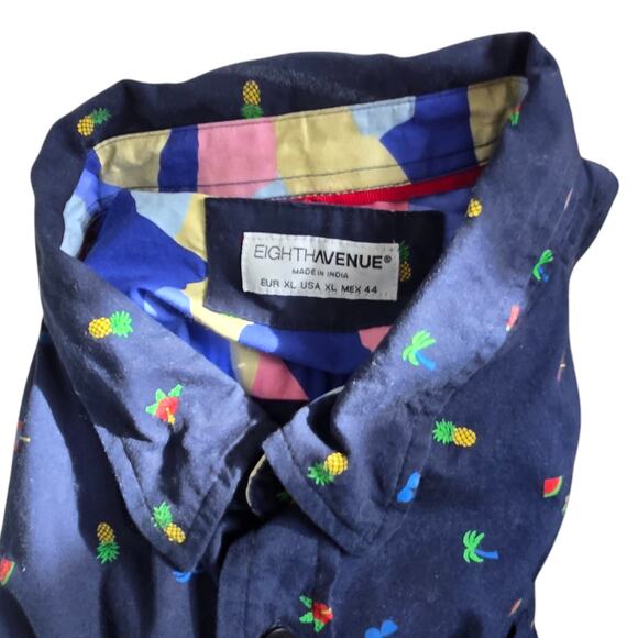 Eighth Avenue Mens Tropical Print Shirt XL Blue 100% Cotton Pineapple Palm Trees - Picture 8 of 8